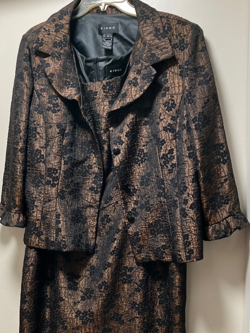 Vintage Virgo two-piece formal dress and blazer set featuring a metallic bronze